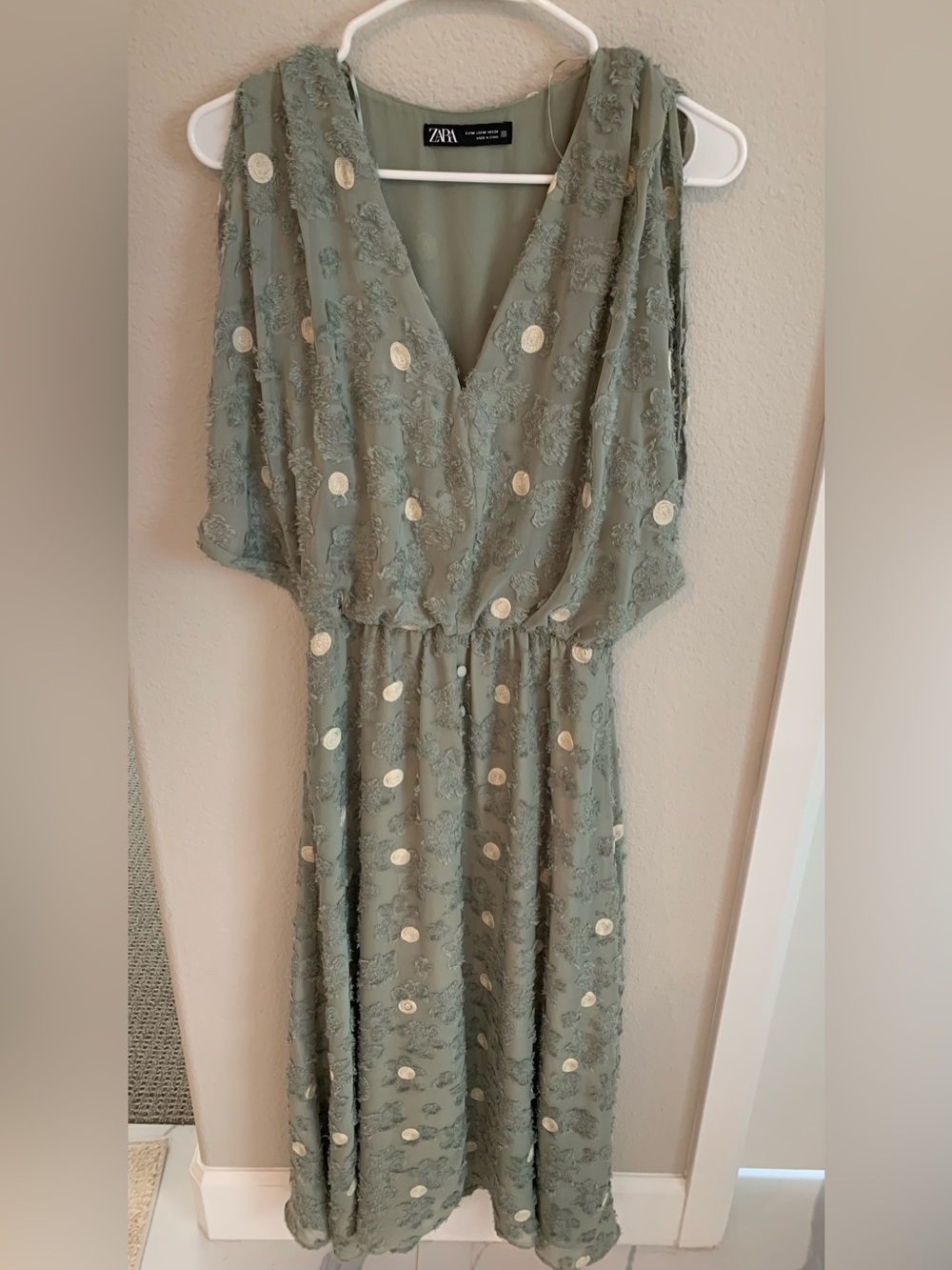 ZARA Green Polka Dot Midi Dress Split Size Medium Sleeveless